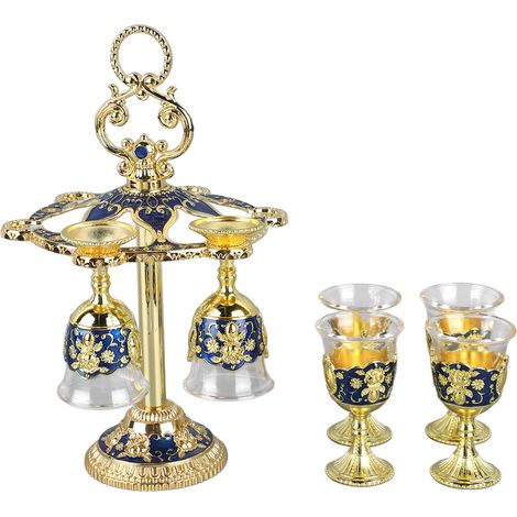 Six verres en alliage de zinc de style rétro chinois, ornés de motifs en relief, dorés et bleus, parfaits pour les fêtes, les banquets, les bars, les réunions de famille et autres occasions. (1/5)