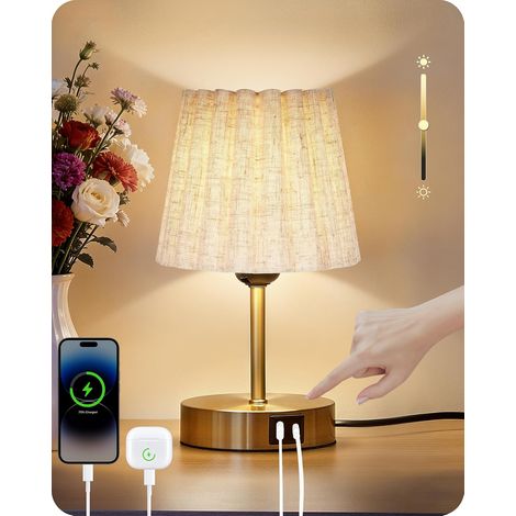 Touch-Nachttischlampe – 1 Stück – Kupferfarbenes Metall und Stoff – Dimmbar mit USB-Anschlüssen – Für Schlafzimmer und Büro – Gold und Beige (1/5)