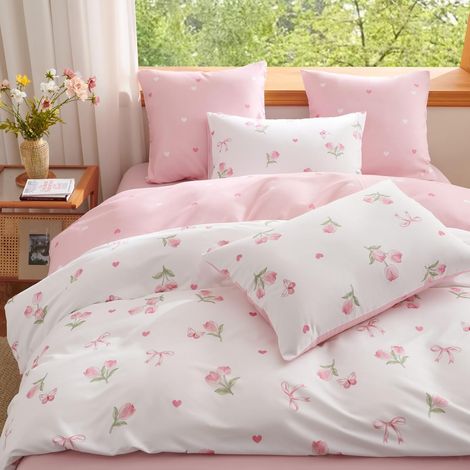 Housse de Couette Fleurie 240x260+2 Taie d'oreiller 65x65 Blanc Rose Vert Floral Parure de lit 2 Personnes Adulte Fleurs Sets de Housse Couette en Microfibre avec Fermeture Éclair (1/5)