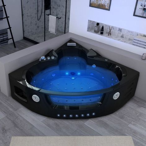 Distribain – Baignoire d'angle balnéo noire 39 jets – Douchette multijets – Ozonateur – Dimensions 140x140x64 cm – 2 places (1/5)