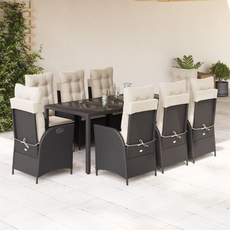 Salon de jardin 9 pièces avec table et 8 fauteuils inclinables en résine tressée noire, 108kg - PANGIVO (1/5)