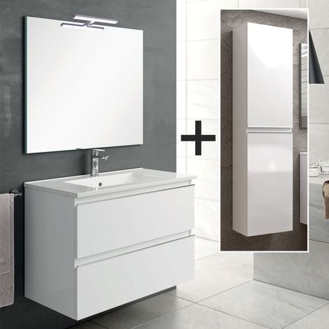 Ensemble meuble de salle de bain 80cm simple vasque + colonne de rangement - blanc - BALEA (1/5)