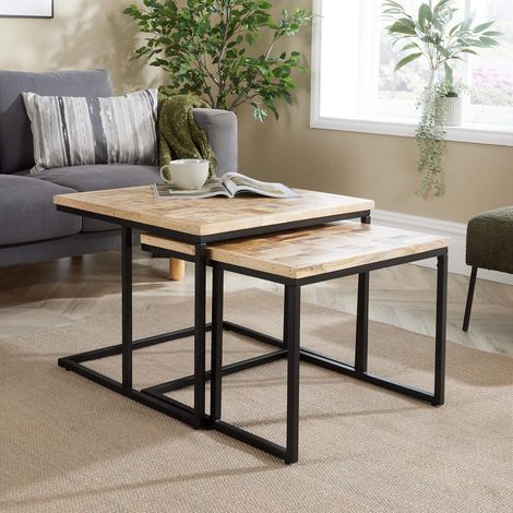 Nest 2 Tables Solid Mango Wood Tabletop Iron Frame Home Living Furniture Storage (1/5)