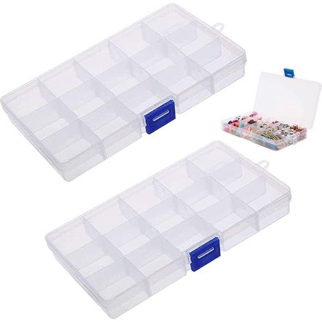 Adjustable Clear Stable Jewelry Box Durable Stable Assortment Box 15 Compartment Adjustable Plastic Sorting Box With Lid,For Storing Screws,Earrings,Coils,2 Pieces (1/5)