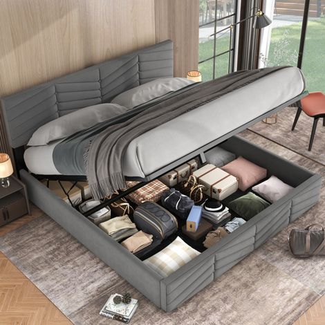 Letto 160x200 cm in velluto grigio con contenitore idraulico, salvaspazio, senza materasso – MEUBLIV (1/5)