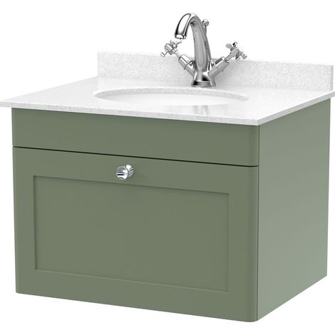 Swynnerton Traditional 1 Drawer Wall Hung Vanity Unit with Marble Basin, Satin Green, 600mm