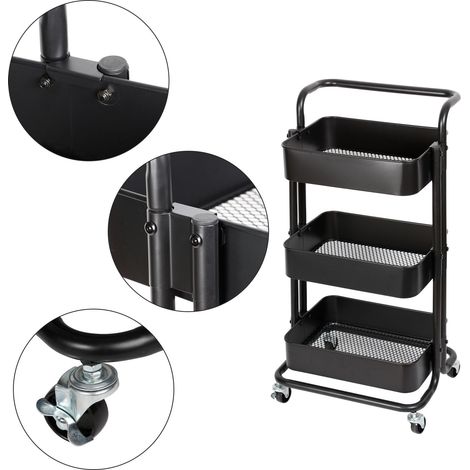 Bc-elec - HT2-SH3M-BLACK Carrello di servizio con ruote metalliche, carrello da cucina, carrello da bagno, carrello a 3 stadi con freni
