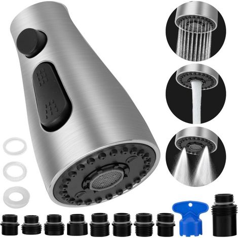 Cabezal de ducha extensible con tres funciones para grifos de cocina (incluye 9 boquillas adaptadoras). (1/5)