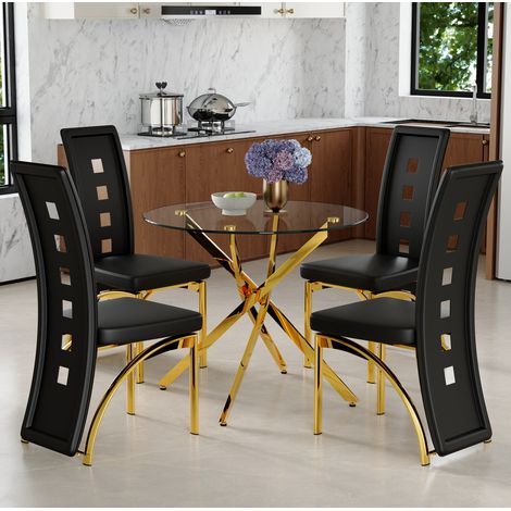 Conjunto de mesa redonda de cristal templado 88 cm con 4 sillas de PU negro y metal (1/5)
