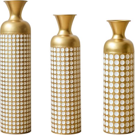 Set de 3 vases métalliques dorés avec motifs à pois blancs, hauteurs variées pour décoration intérieure (1/5)