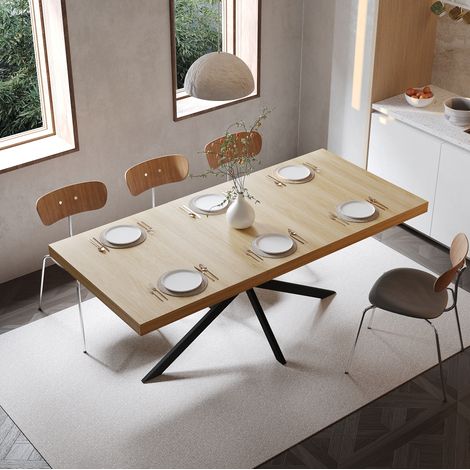 Esstisch 140/180 x 80 x 76 cm in Natur mit verstecktem Stauraum und schwarzem Metall-X-Gestell (1/5)