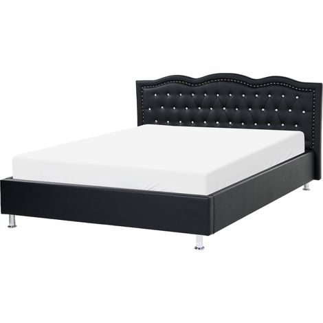 Cama con somier de piel sintética negro plateado 160 x 200 cm cabecero botones Metz (1/5)