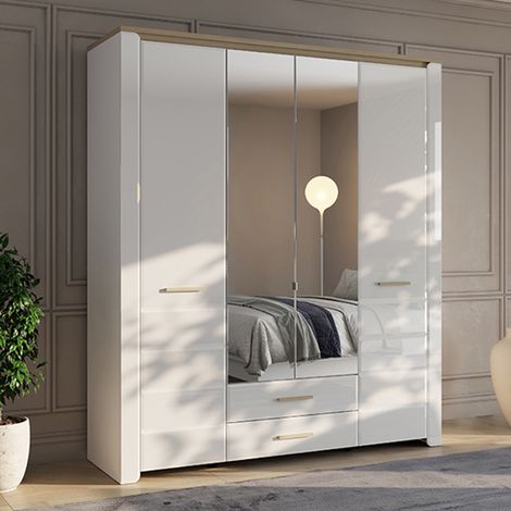 Großer Kleiderschrank Mahone, Schlafzimmer-Schrank mit 2 Schubladen, 8 Regalen, Kleiderstange, 186x216h cm, Mattweiß (1/5)