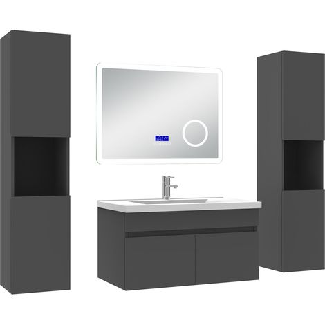 Acezanble Ensemble meuble 80 cm anthracite, lavabo céramique + 2 colonnes hautes + Miroir salle de bain Bluetooth avec 3 couleurs dimmable, suspendu (1/5)