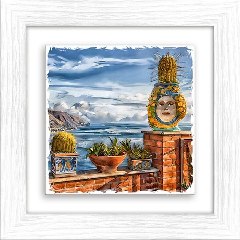 Lupia - Quadro moderno con paesaggi e localismi italiani, Ceramica e Stampa Rilievo, Cornice Legno Shabby Modern bianca, Decorazione Parete, Quadretti Soggiorno, 29x29 cm, CATANIA PANORAMA TAORMINA (1/4)