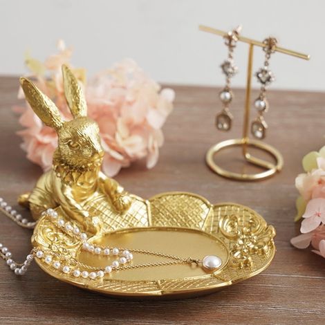 Lapin Statue - Plateau Pour Bijoux En Résine Dorée - Décor De Table Intérieur - Lapin De Pâques - 1 Pièce (1/5)
