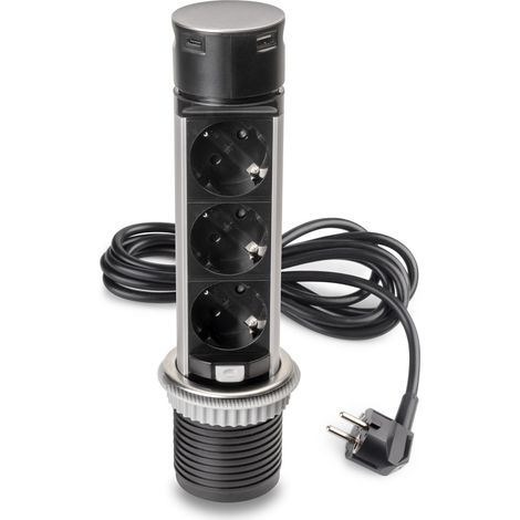 Emuca Abnehmbarer Multistecker Vertikal Push 60, Durchmesser 60mm, 3 x Schukostecker, 1 x USB Typ A, 1 x USB Typ C, Stahl und Kunststoff, Edelstahl (1/5)