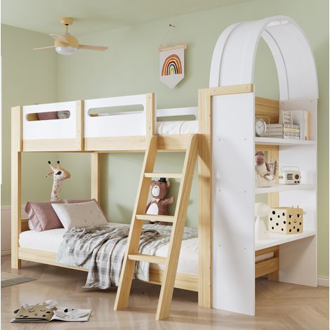 Lit superposé enfant 90 x 200 cm avec 3 étagère, échelle 3 marches,barrière de sécurité,sommiers à lattes, blanc et bois (1/5)