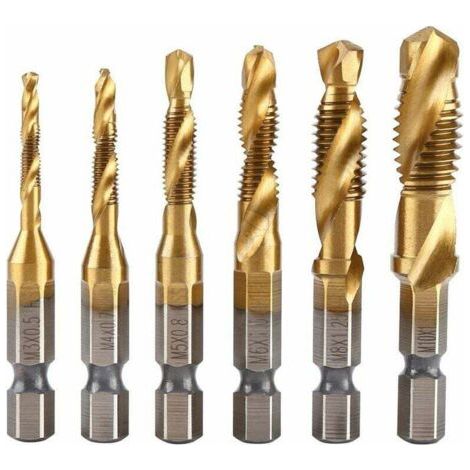 Lot de 6 tarauds filetés, foret taraud, filetage métrique M3-M10 avec revêtement en titane HSS et embouts de taraudage 1/4 queue hexagonale cannelée pour tarauder différents fils