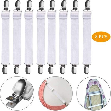 8 pinces draps réglables, sangles élastiques pour matelas, fixations pour housses de canapé et couvre-lits, maintien sécurisé.