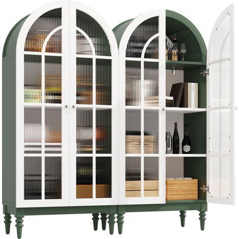 Set de 2 vitrinas altas verdes con puertas de vidrio acanalado, diseño arqueado vintage y 3 niveles de almacenaje para salón o comedor , estilo clásico decorativo-FLORAGRACE (1/5)