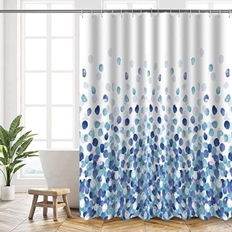 Duschvorhang aus Polyester, 180 x 180 cm, waschbar, mit beschwertem Saum und 12 Duschringen, blaues Blasenmuster (1/5)