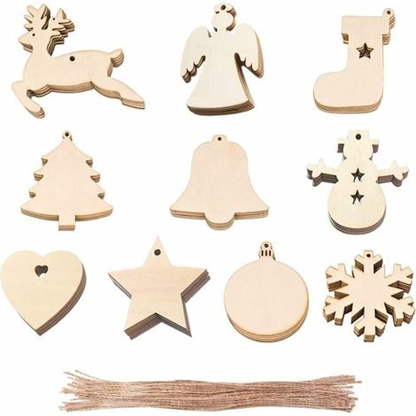 Pendentif Noel Bois - 100 Pièces Décoration Sapin Noël Ornement Artisanal avec Corde Chanvre - Idéal Décoration Intérieure Salon Chambre Cuisine - Lot Complet