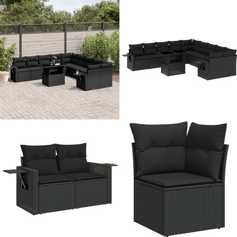 11-tlg. Garten-Sofagarnitur mit Kissen Schwarz Poly Rattan - Gartenmöbel Set - Esszimmergarnitur - Outdoor Möbel - Lounge Garnitur - Rattan Gartenmöbel - Home & Living (1/5)