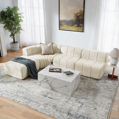 Canapé d'angle modulaire en tissu beige avec 4 places en chenille (1/5)