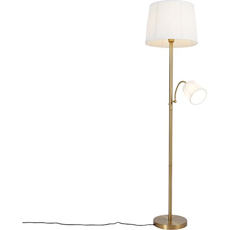 QAZQA Clásico/Antiguo Lámpara de pie clásica bronce pantalla de tela blanca con flexo - Retro Acero /Textil Alargada Adecuado para LED Max. 1 x 60 Watt