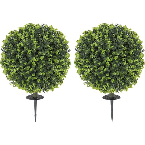 Lot de 2 boules de buis artificiel avec piquet, vertes, résistantes UV intérieur/extérieur
