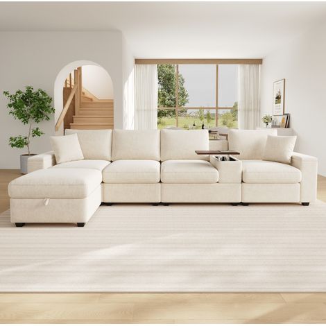 Sofá esquinero modular de 313 x 147 x 82 cm, de 5 a 6 plazas, con almacenamiento, puerto USB/Tipo C, mesa giratoria, chenilla - beige (1/5)