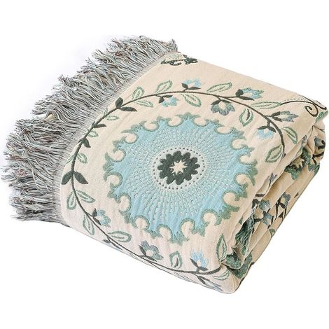 Large Couverture Bohémienne Double Face - 100% Coton Biologique Tissé à la Main pour Lit et Canapé, Accent Boho Douillet pour Canapés 2-3 Places et Fauteuils - 150x200cm, Vibrant Marigold-Blue (1/5)