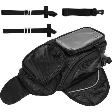 Sacoche de réservoir de moto avec navigation à écran tactile, sac de rangement anti-poussière, sacoche de ceinture multifonctionnelle, légère, noire, en nylon durable, sac de voyage monobloc. (1/5)