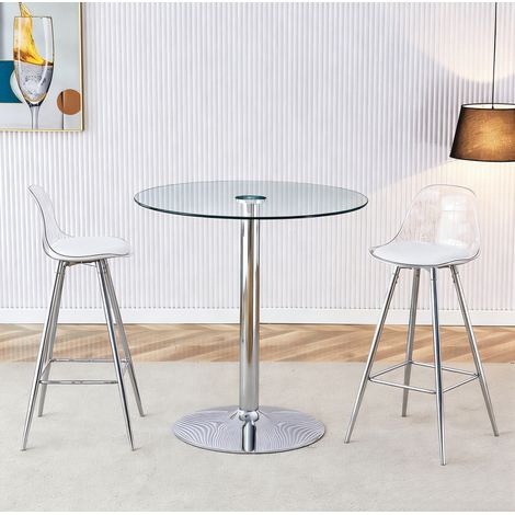 Set Bartisch und 2 Barhocker mit Transparenter Rückenlehne und Fußstütze, Stabile Konstruktion, Glas Metall Silber Transparent (1/5)