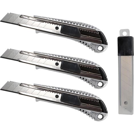 3 Alu Cuttermesser 18mm Teppichmesser + 10 Abbrechklingen im Köcher
