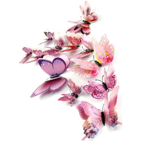 Lot de 12 Stickers Muraux 3D Papillon Rose Chambre Art Déco (Rose)