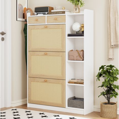 Zapatero 90x24x130 cm de partículas blanco y natural, ahorro de espacio – MEUBLIV (1/5)