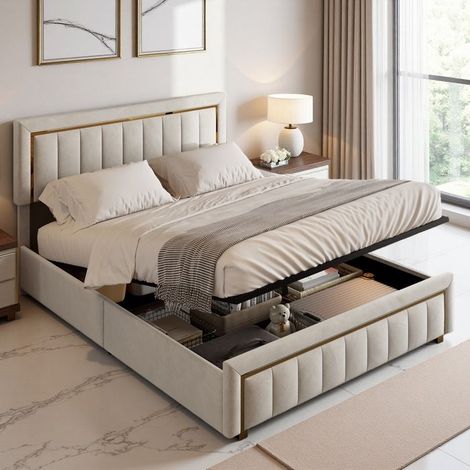 Estructura de cama 180x200 cm, Cama con arcón 180x200 cm con somier de lamas, Cama doble para adultos, Arcón de cama, Cabecera ajustable (1/5)