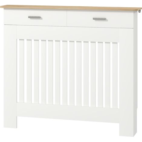 Copiermosifone a Doghe Antiribaltamento con Cassetto Portaoggetti, Legno, Bianco, 112x19x97 cm