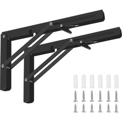 2 Supports pliables Noir 400 mm, Acier robuste, Pour étagère murale, Garage et Cuisine