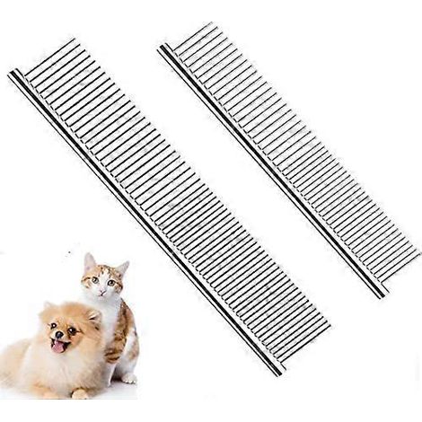 Lot de 2 peignes pour chiens à dents en acier inoxydable et extrémités arrondies, peigne pour chats pour démêler les nœuds, outil de toilettage professionnel pour poils longs et courts. (1/5)