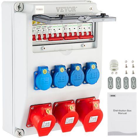 VEVOR Caja de Distribución Electrica 2x16A 5 Pines Caja Modular Estanca AC 230/400 V Caja de Distribución de Energía Electrica 300 x 400 x 200 mm con Carcasa IP65 y Enchufe IP44 para Uso Domestico
