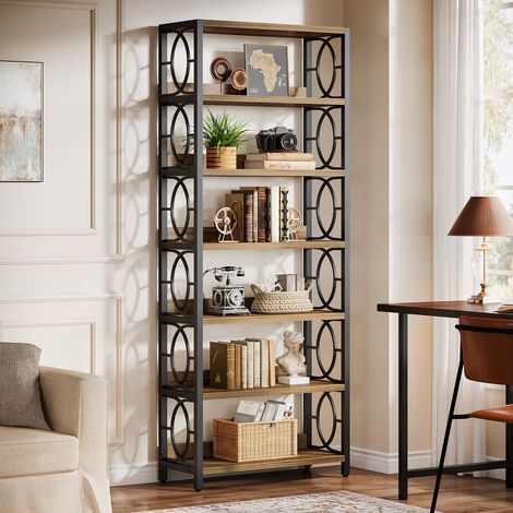 Tribesigns – Bibliothèque industrielle 6 étagères 180 cm – Cadre métal et MDF – Étagères ouvertes pour bureau à domicile – Marron rustique et noir (1/5)