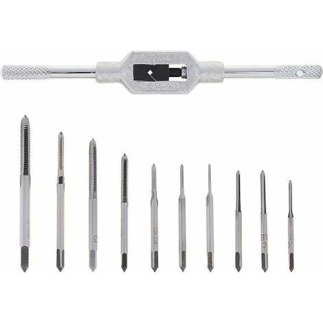Satz mit 11 Mini-Gewindebohrern (metrisch) mit HSS-Handschrauben (M1, M1,2, M1,4, M1,6, M1,7, M1,8, M2, M2,5, M3, M3,5). Verstellbarer Gewindebohrer für die Reparatur von Holzbearbeitungsmaschinen. (1/5)