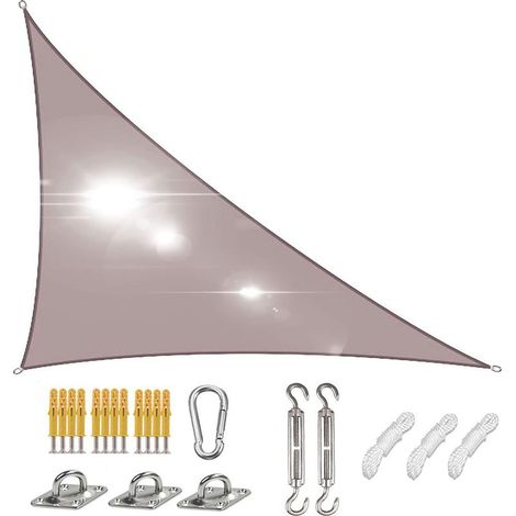 Voile d'ombrage Triangulaire 3x4x5m, Voile de Soleil Droite Triangle, Toile Solaire Impermeable, Toile Impermeable Tissu Oxford pour Terrasse Auvents avec Le Kit de Fixation, Gris (1/5)