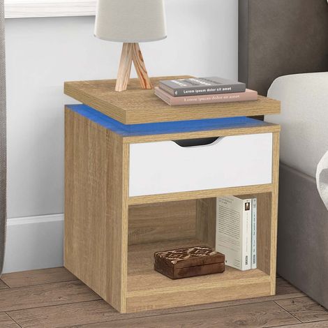 Lote de 2 mesillas de noche LUNA de 1 cajón LED con nicho de haya y blanco (1/5)