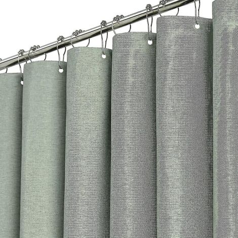 Rideau de douche long 180x200 cm vert sauge, tissu épais texturé lin, ensemble imperméable polyester neutre avec 12 crochets en plastique, drap de bain anti-éclaboussures élégant (1/5)