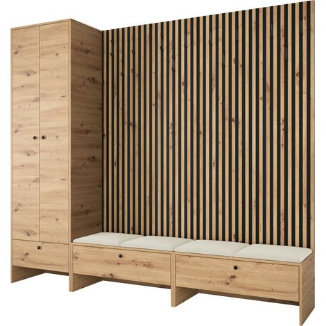 Conjunto para recibidor Donio VI, Roble Artisan + Manila 02, 206x230x44cm, Aglomerado laminado, Tapiz, Colocada