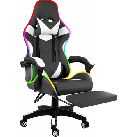 Sedia Gaming Con LED RGB e Telecomando Poltrona Ufficio Scrivania Casa PC Stile Racing Girevole Ergonomica In Ecopelle Cuscino Supporto Lombare Poggiapiedi Poggiatesta Braccioli (Nero e Bianco) (1/5)